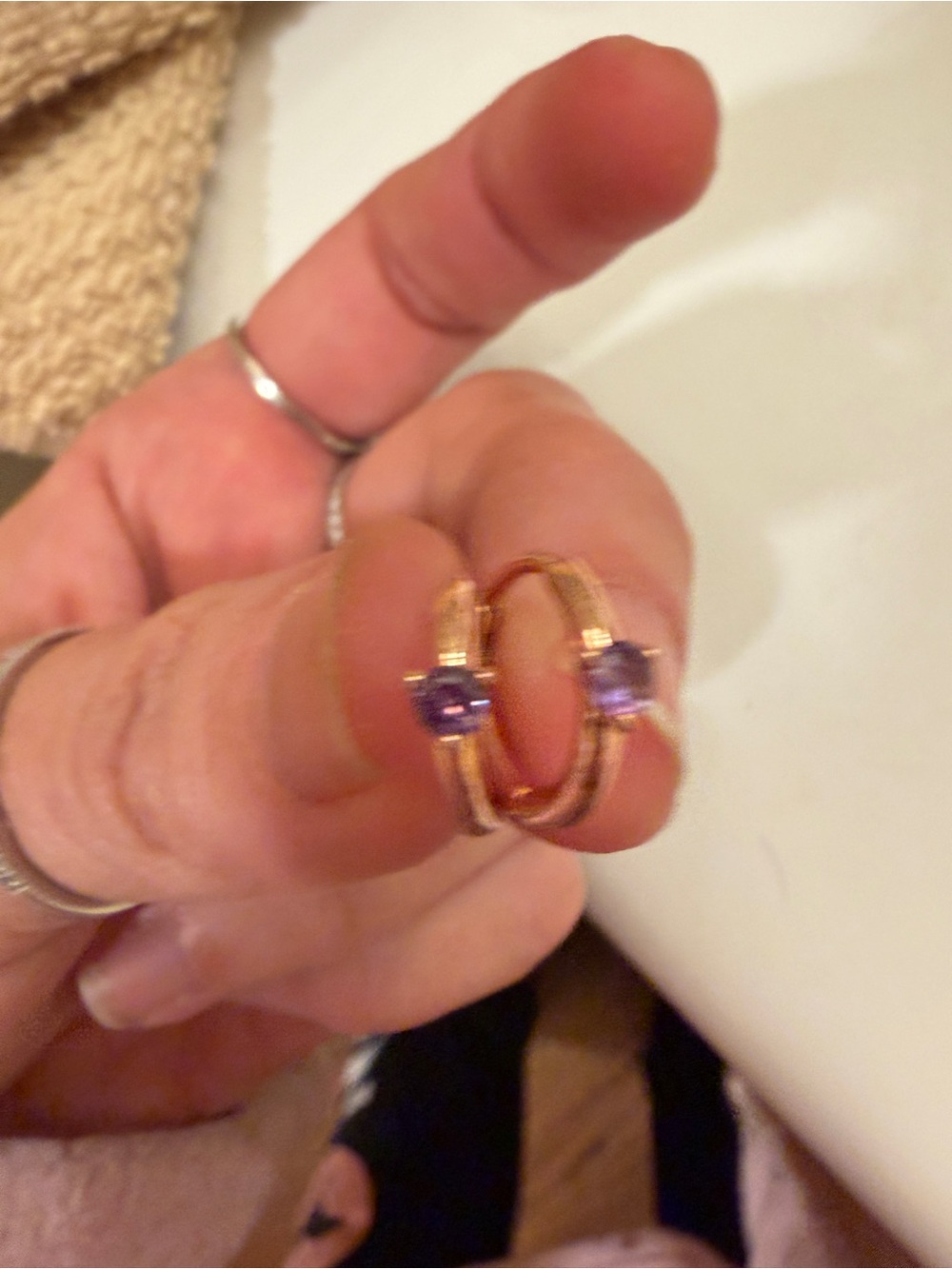 Pandora Rose Gold Hoops with Purple Gemstones - Picture 2 of 5